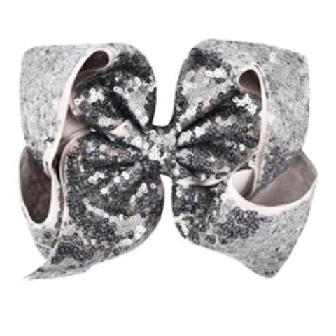 8 Inch Hair Bow Gray Sequin Signature