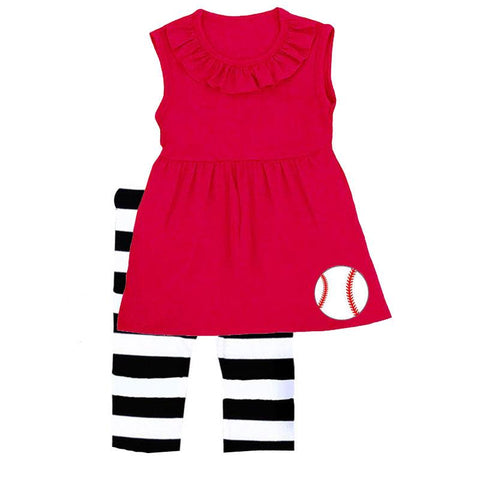 Baseball Red Stripe Outfit Ruffle Top And Capri