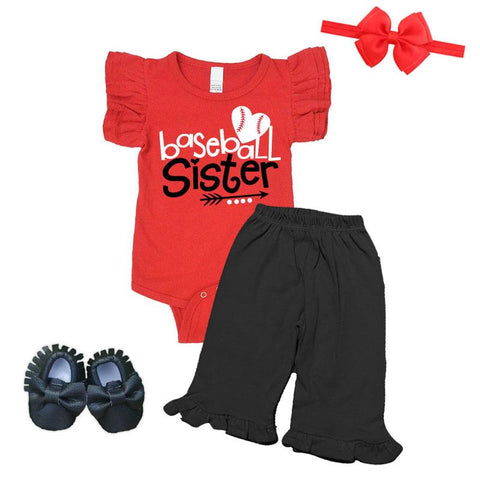 Baseball Sister Outfit Ruffle Red Onesie And Pants