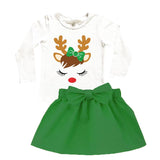 Christmas Green Reindeer Outfit Sparkle Top And Skirt