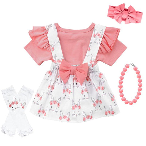 Coral Pink Bunny Floral Outfit Ruffle Top And Jumper