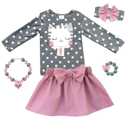 Heather Gray Kitty Cat Outfit Polka Dot Top And Skirt Muave