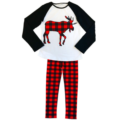 Moose Buffalo Plaid Pajamas Red Black Raglan Adult