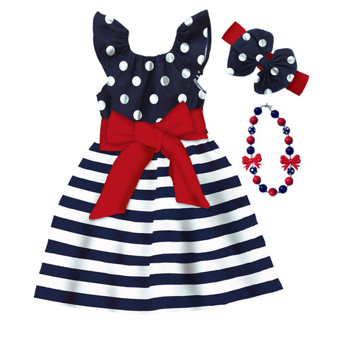 Navy Polka Stripe Red Bow Dress