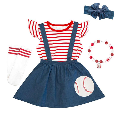 Red Stripe Baseball Outfit Navy Top And Jumper
