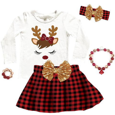 Reindeer Buffalo Checkered Plaid Outfit Gold Bow Top And Skirt