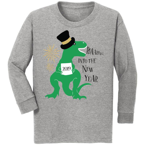 Roaaring Into The New Year Shirt Dinosaur Gray Green Boy