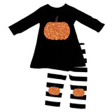 Sparkle Pumpkin Outfit Black Stripe Top And Capri