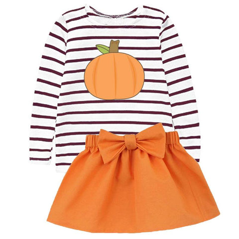 Thanksgiving Pumpkin Stripe Outfit Brown Orange Top And Skirt