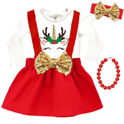 Unicorn Reindeer Outfit Red Top And Jumper Gold Sequin Bow