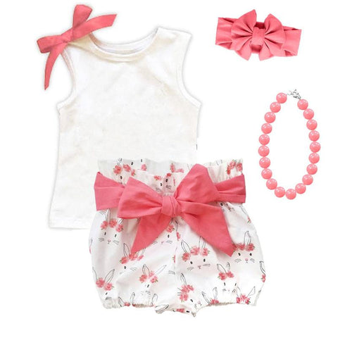 White Bunny Floral Coral Pink Outfit Bow Tank And Shorts