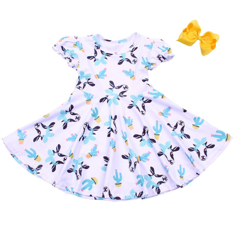 Teal Cow Mustard Cactus Twirl Dress And Hair Bow